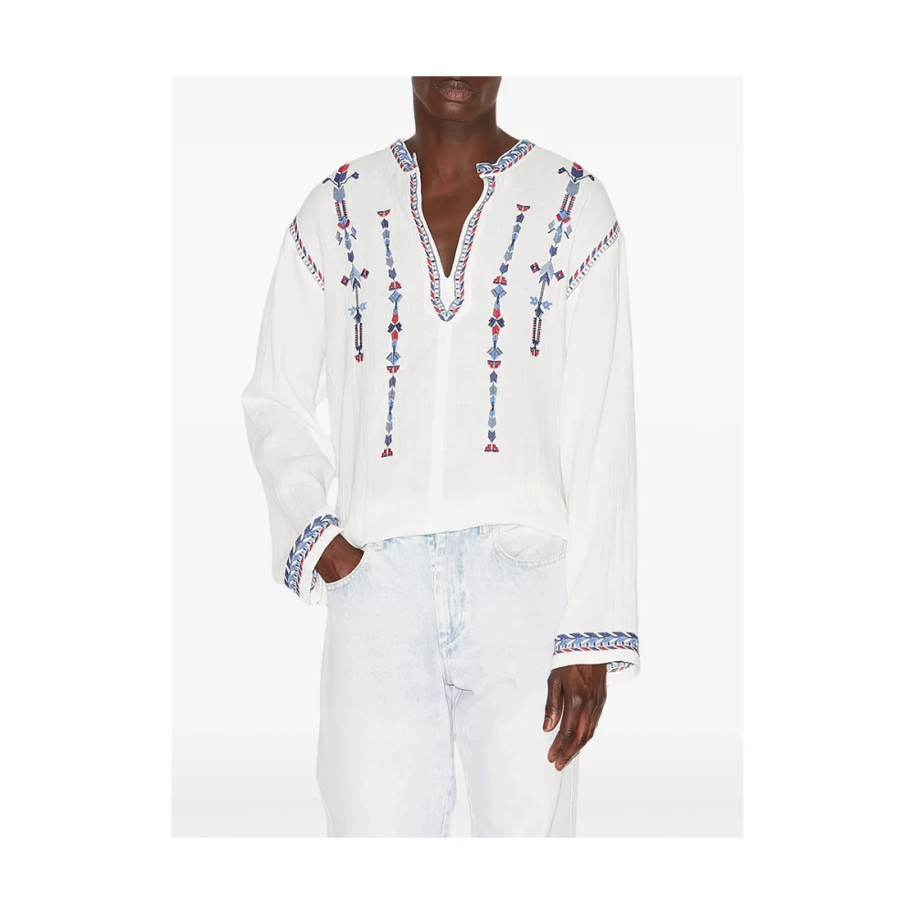 Isabel marant Witte Katoenen Geborduurde V-hals Shirt White Heren