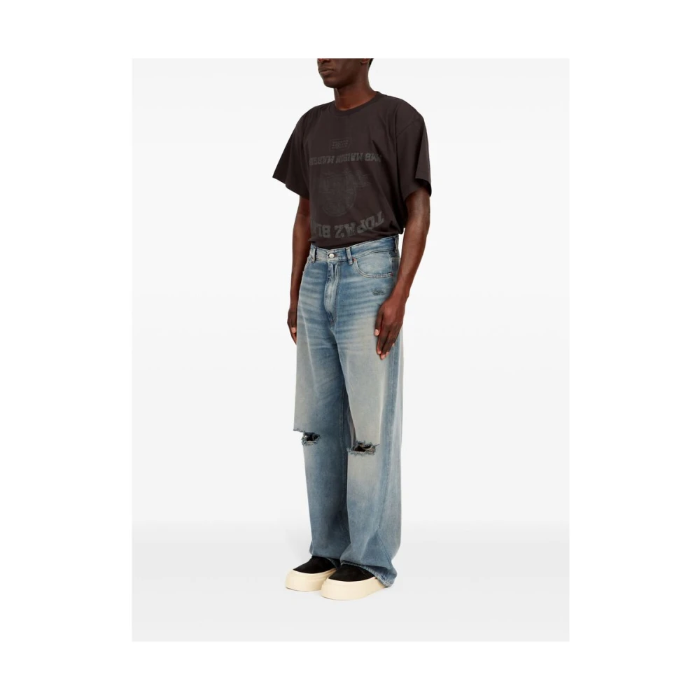 MM6 Maison Margiela Indigo Blauw Stonewashed Gescheurde Wide Leg Jeans Blue Heren