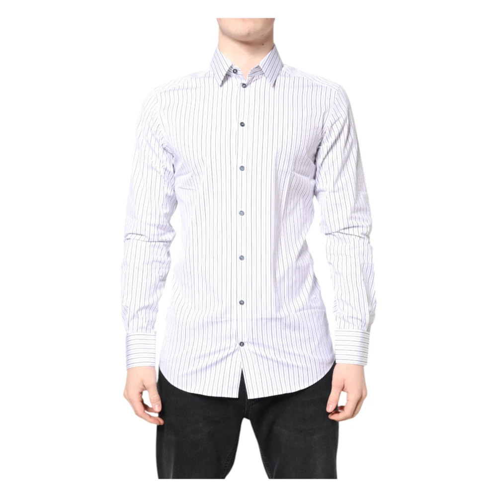 Dolce & Gabbana Men's White Casual Shirts, M, Stripes Gold Cotton Formal Shirt
