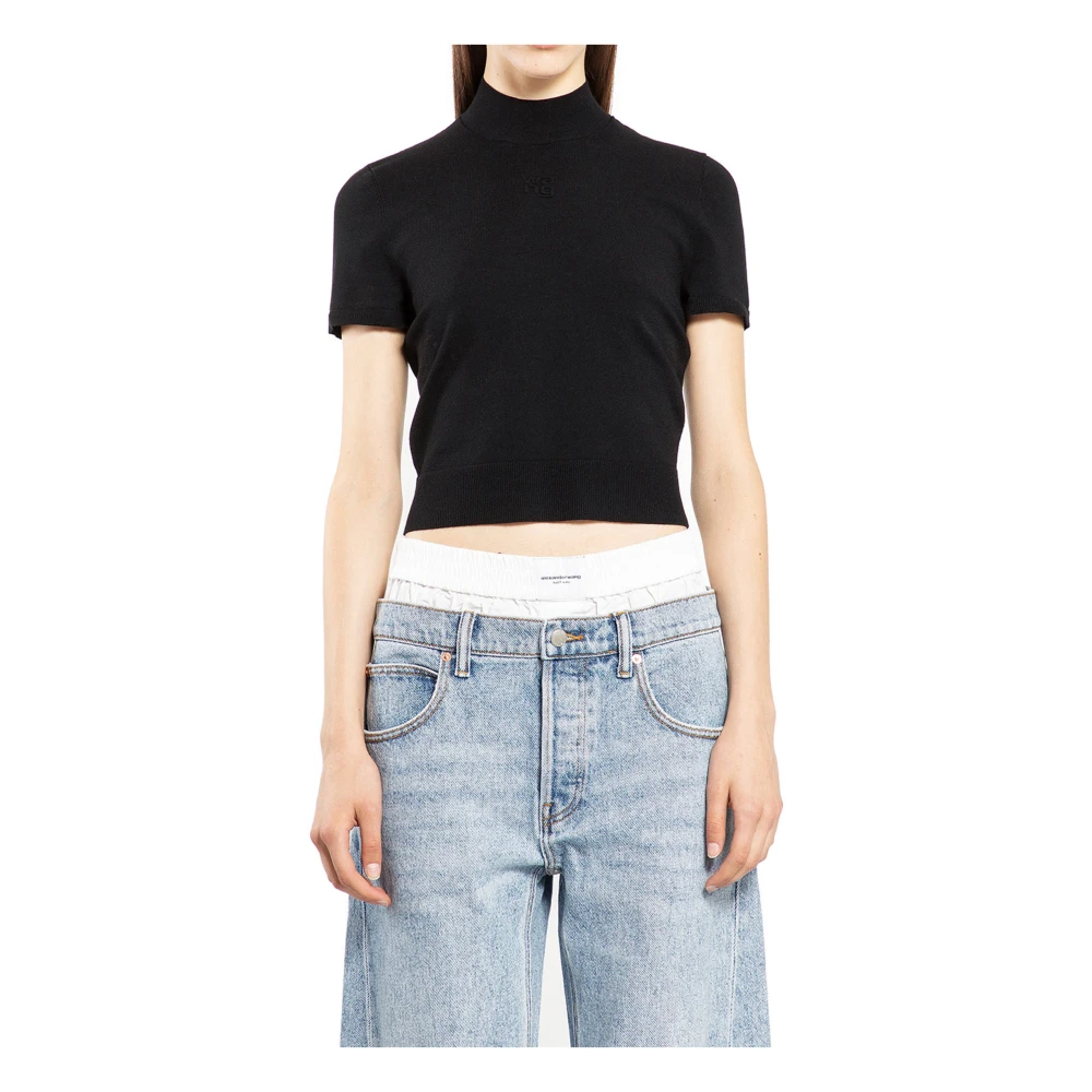 Alexander wang Top met reliëflogo en opstaande kraag Black Dames