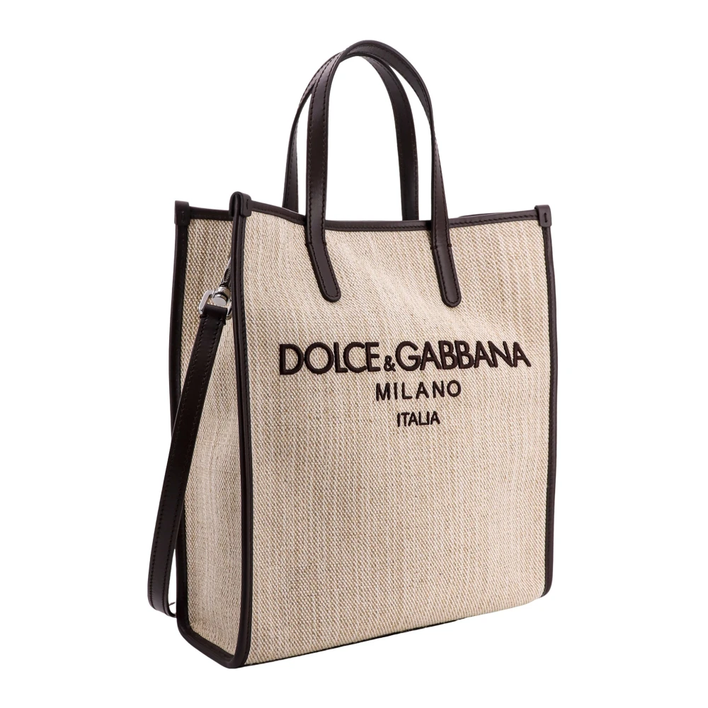 Dolce & Gabbana Logo Geborduurde Canvas en Linnen Handtas Beige Heren