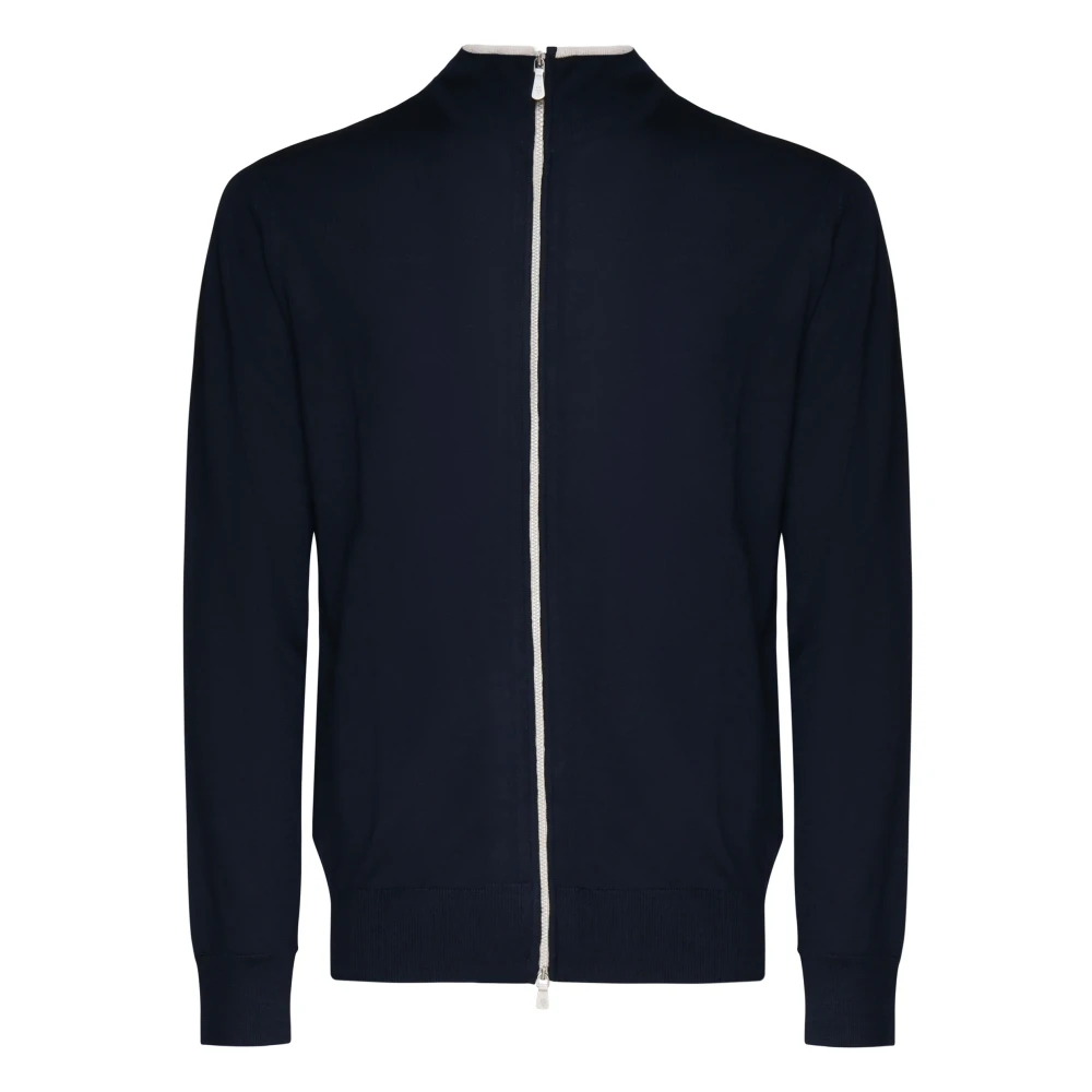 Eleventy Zwarte Sweater met Rits en Ribboorden Blue Heren