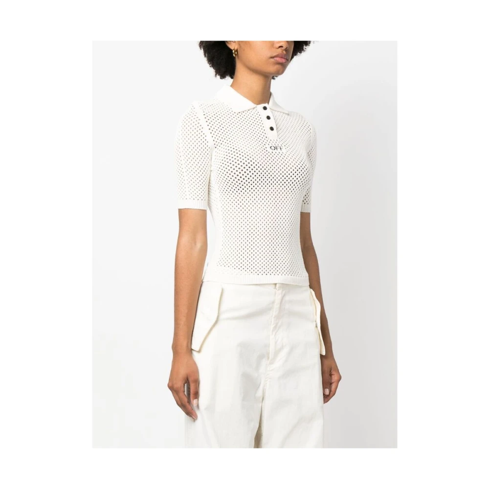Off White Logo Intarsia Open-Knit Polo Sweater White Dames