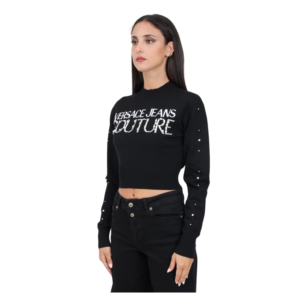 Versace Jeans Couture Zwarte Cropped Sweater met Geborduurd Logo Black Dames