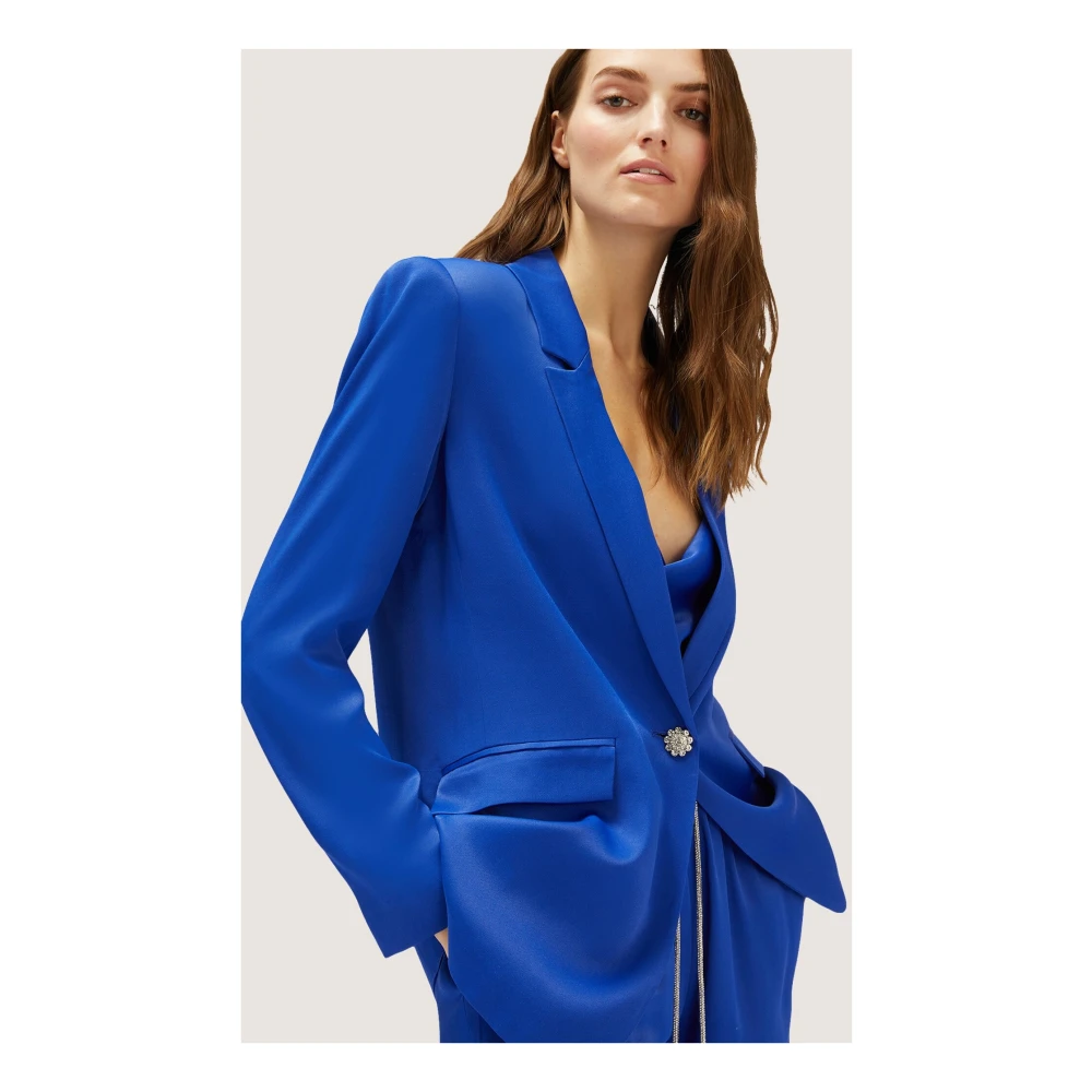 Motivi Satin Oversized Blazer met Juweelknoop Blue Dames