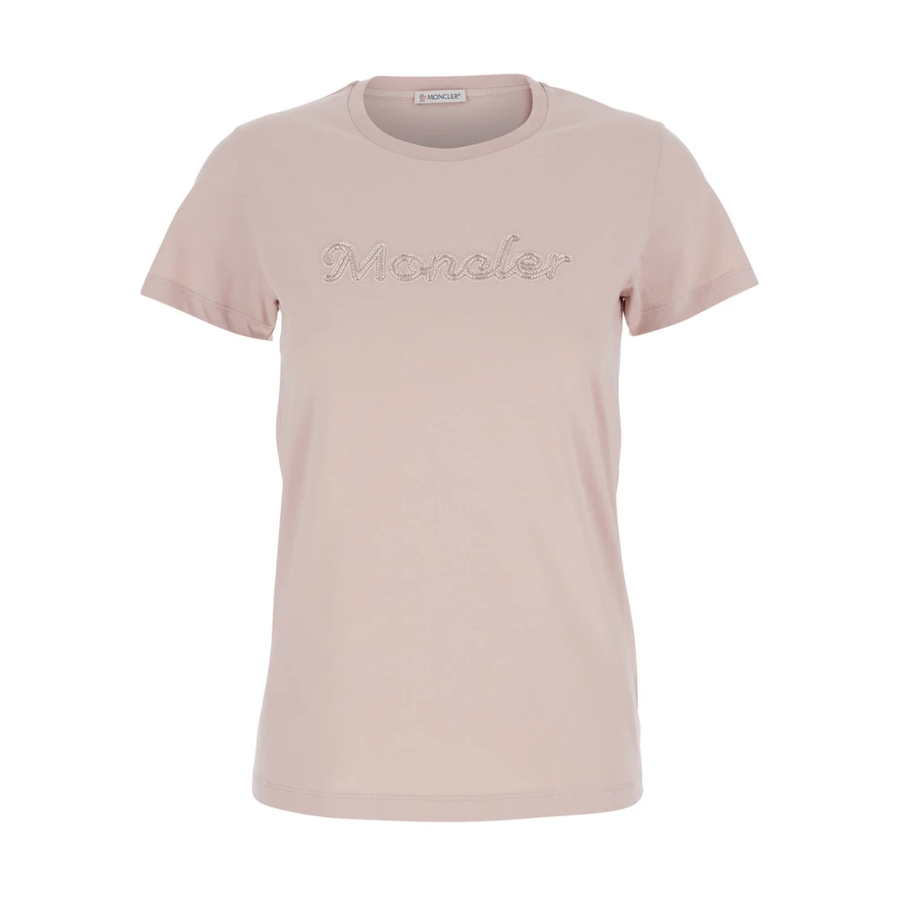 Moncler Roze Logo Geborduurd T-shirt Vrouw Katoen Pink Dames