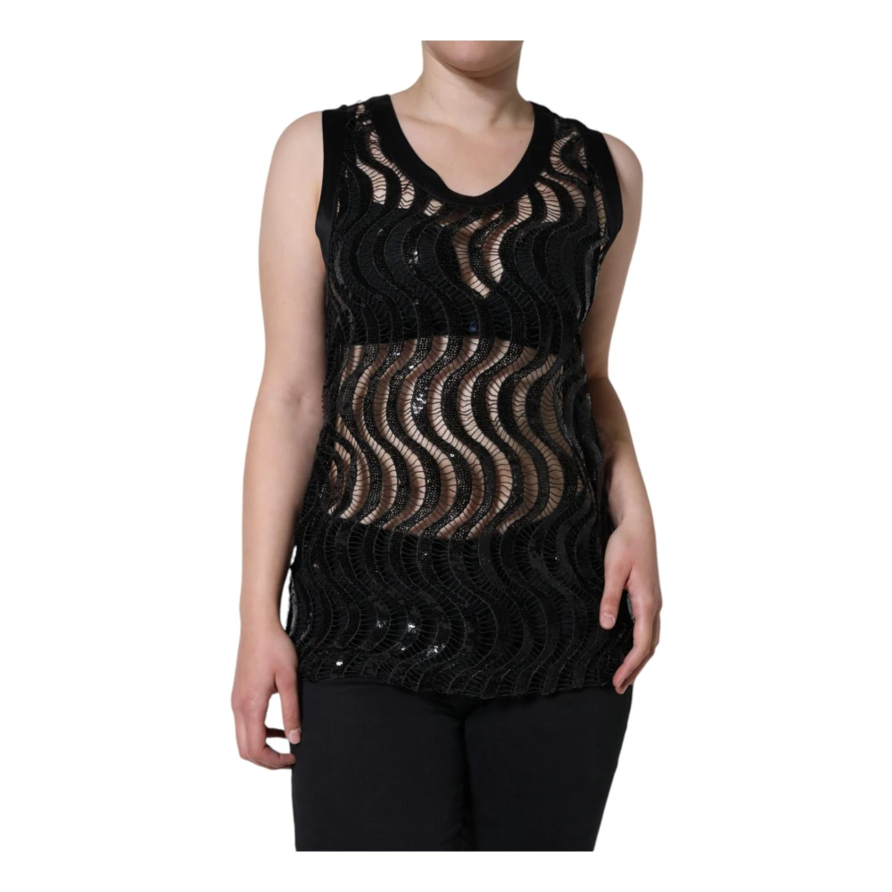 Dolce & Gabbana Women's Black Sleeveless Tops, M, Sequin Tank Top With Round Neck