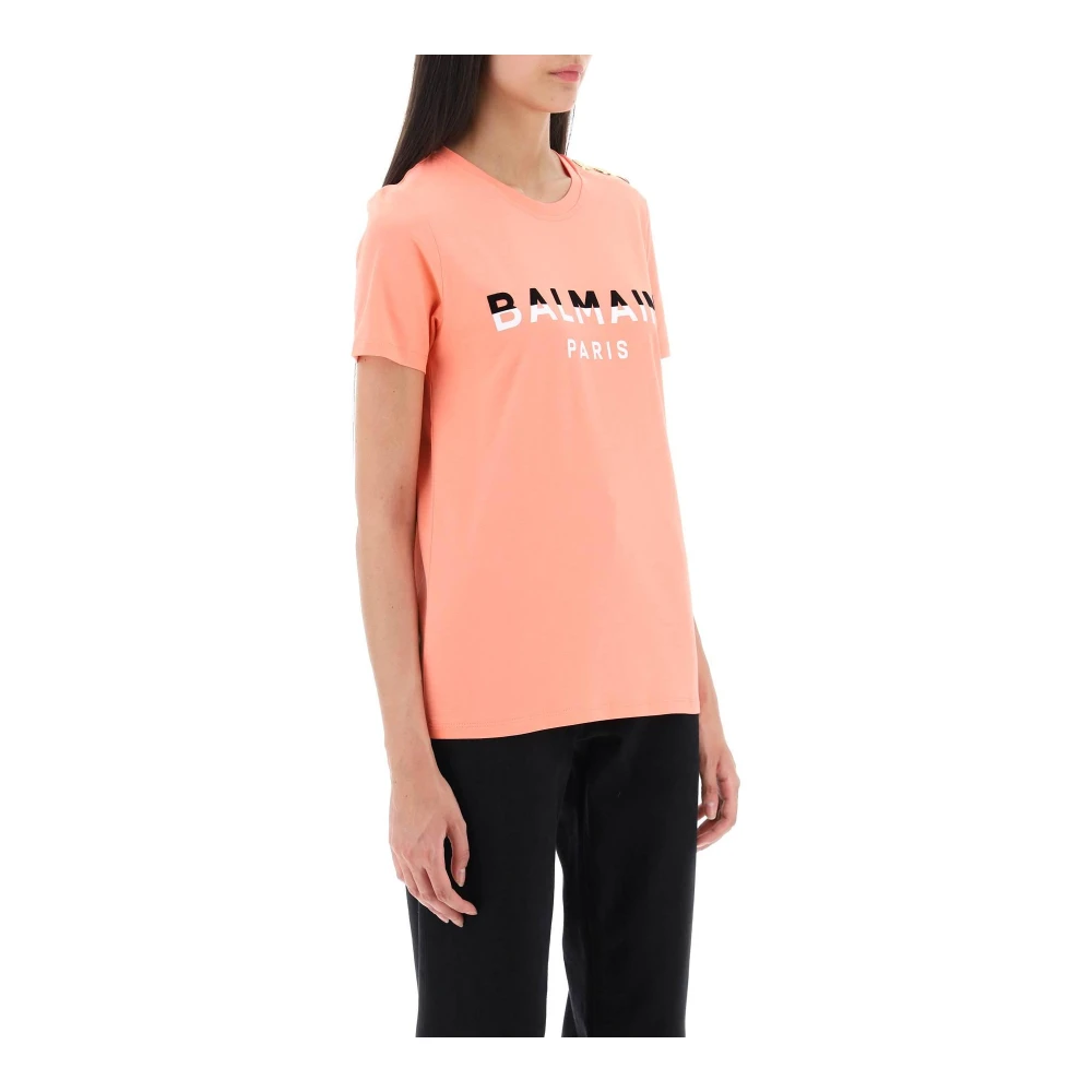 Balmain T-shirt met flockprint en goudkleurige knopen Pink Dames
