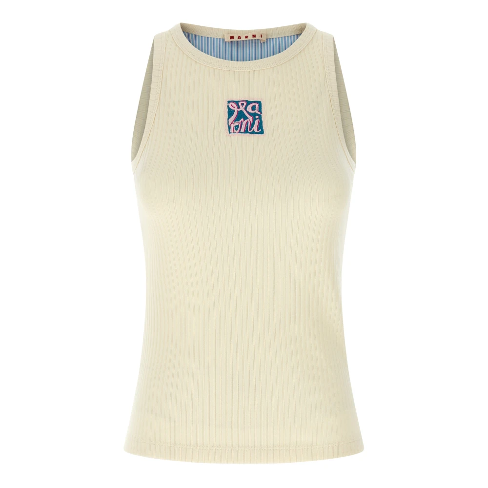 Marni Women's Beige Sleeveless Tops, S, Ribbed Cotton Tank Top