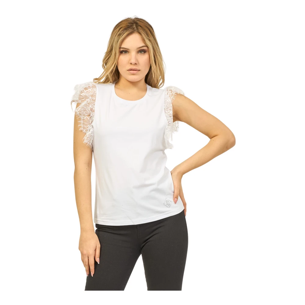 Gaudi Wit Katoenen Stretch T-shirt met Kant Details White Dames