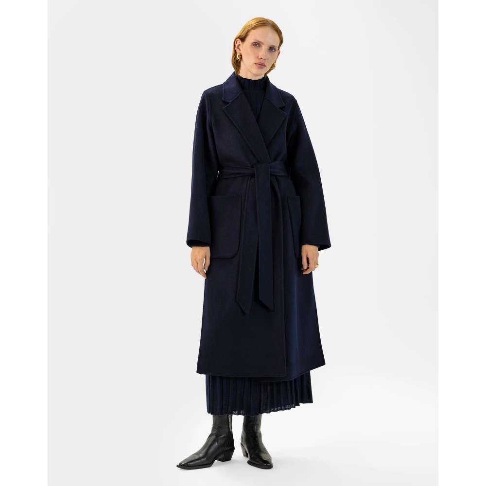 IVY OAK Midi Wollen Jas met Riem en Zakken Blue Dames