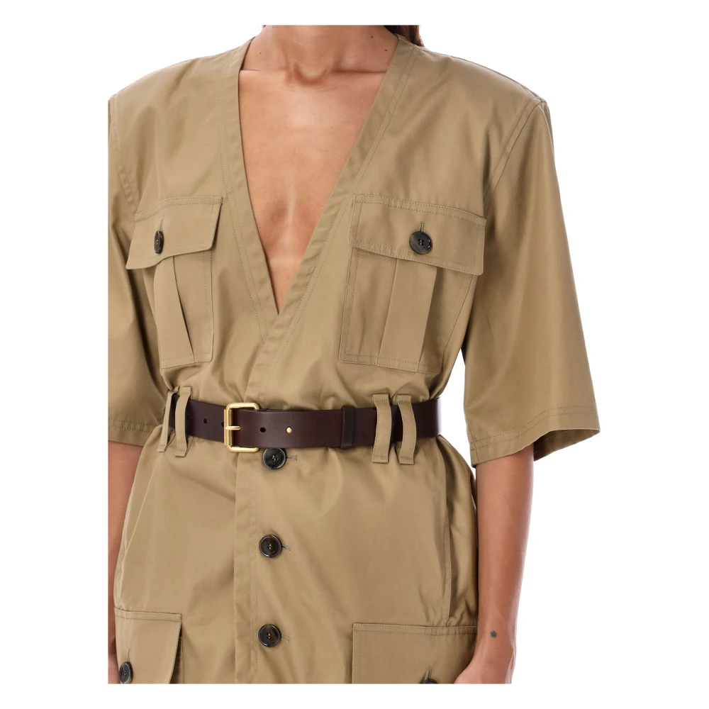 Saint Laurent Beige Midi Jurk met Riem Beige Dames