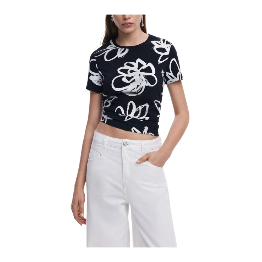 Desigual Bloemenprint Casual T-shirt Black Dames