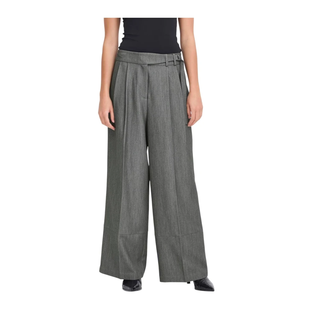 Ichi Women's Gray Wide Trousers, S, Tailored Trousers With Zip And Hook Fastening