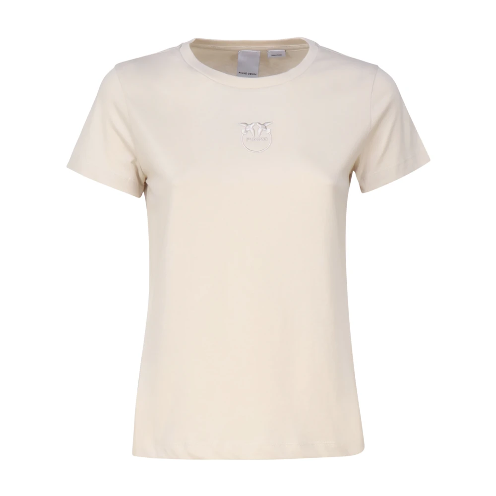 Pinko Beige T-shirt met Korte Mouwen en Logo Borduursel Beige Dames