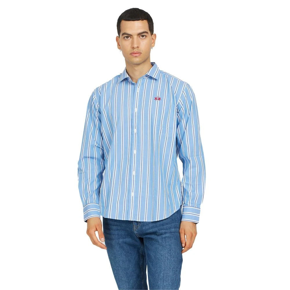 LA MARTINA Elegant Gestreept Katoenen Popeline Overhemd Blue Heren