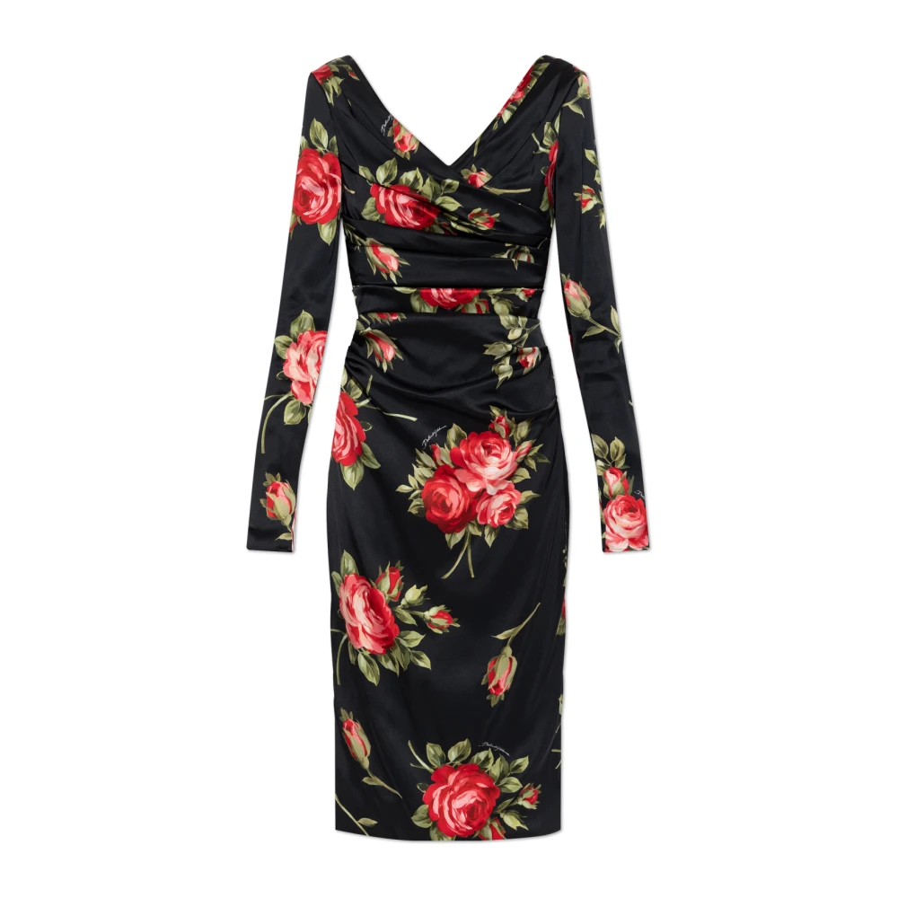 Dolce & Gabbana Vrouw Zwart Kleedjes Dames, M, Satijn, Bloemen Midi Jurk Van Satijn