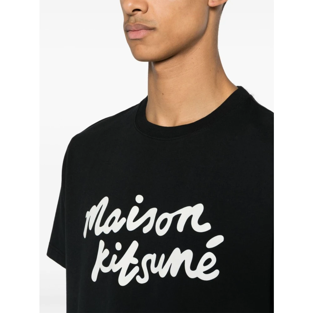 Maison Kitsuné Zwarte Logo Print T-shirts en Polos Black Heren