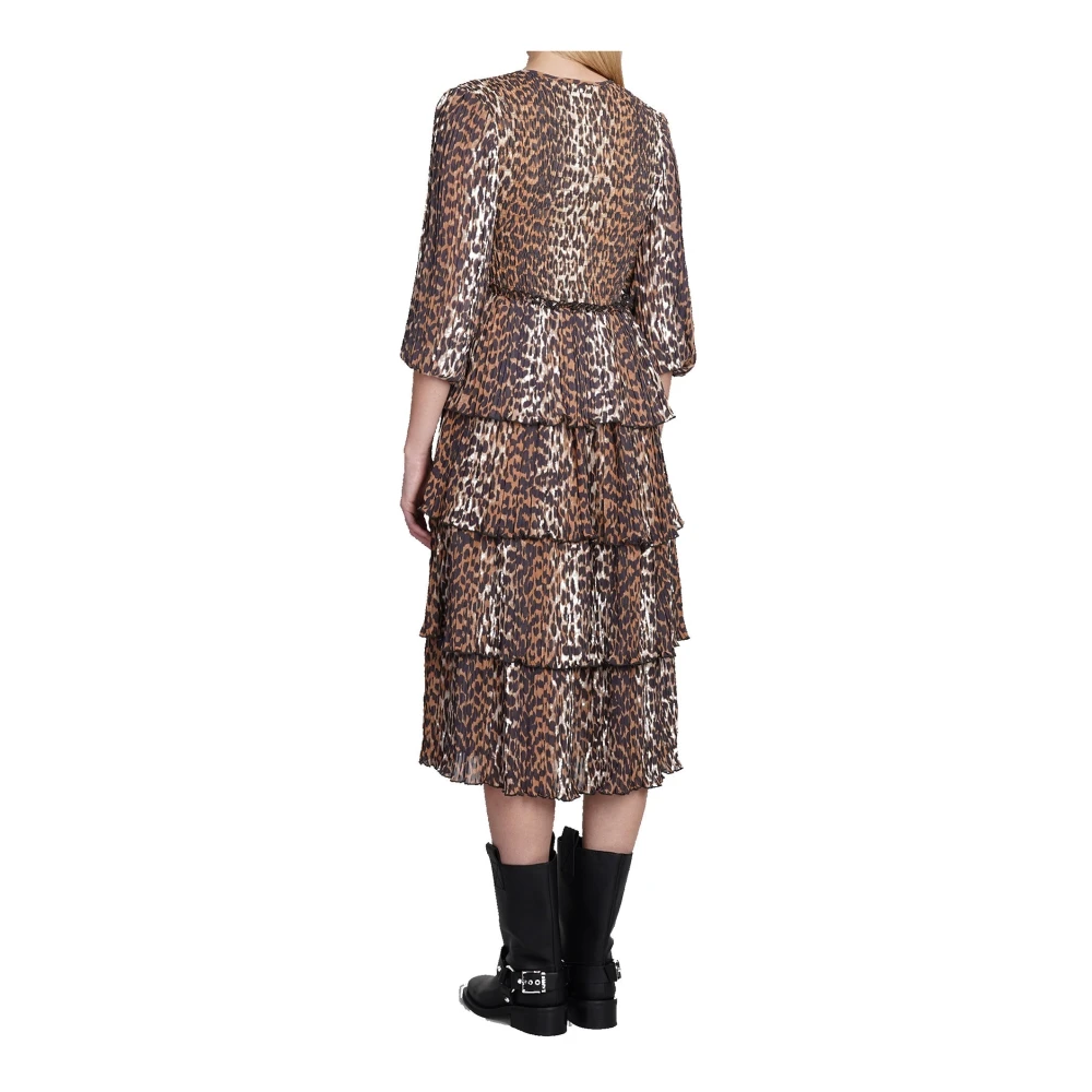 Ganni Luipaard Midi Jurk met Rouches Detail Brown Dames