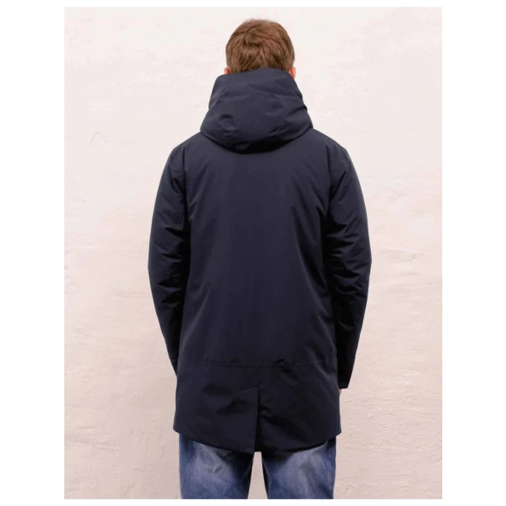 Scandinavian Edition Minimalistische Mid-Length Parka met Capuchon Blue Heren