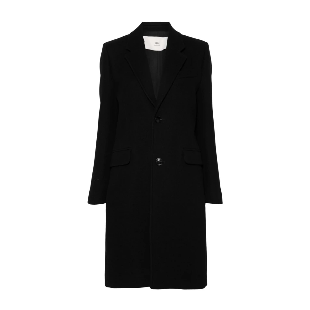 Ami Paris Women's Black Single-Breasted Coats,, Wool Coat Notched Lapels Medium