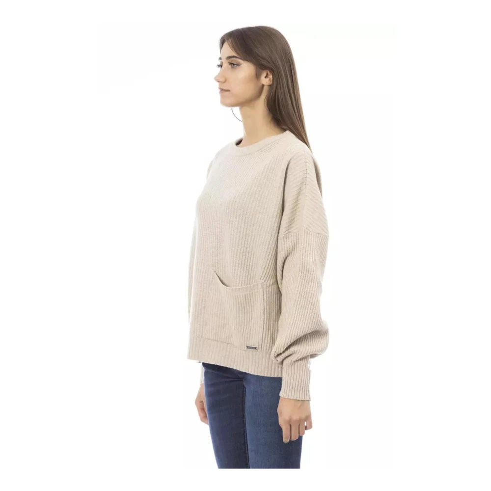 Baldinini Beige wollen trui met ronde hals en zak aan de voorkant Beige Dames