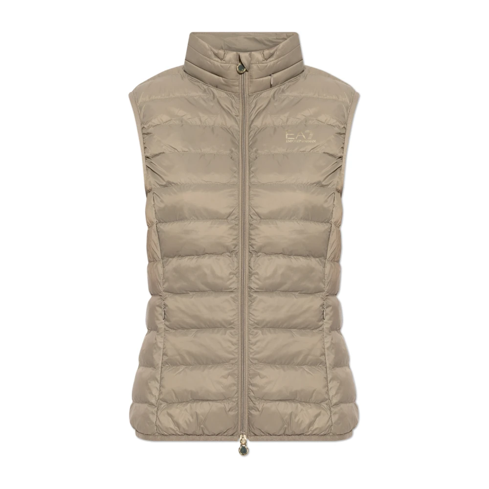 Emporio Armani Ea7 Vrouw Beige Jassen Dames, S, Leer, Gewatteerd Vest Met Opstaande Kraag