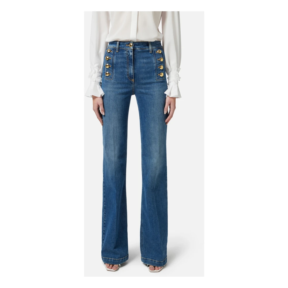 Elisabetta Franchi Wijde denim broek met matrozenknopen Blue Dames
