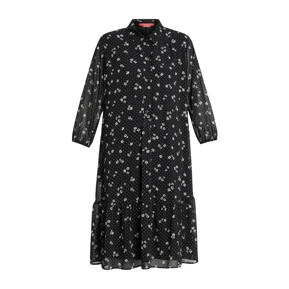Marina Rinaldi Elegante bloemenjurk met overhemdkraag Black Dames