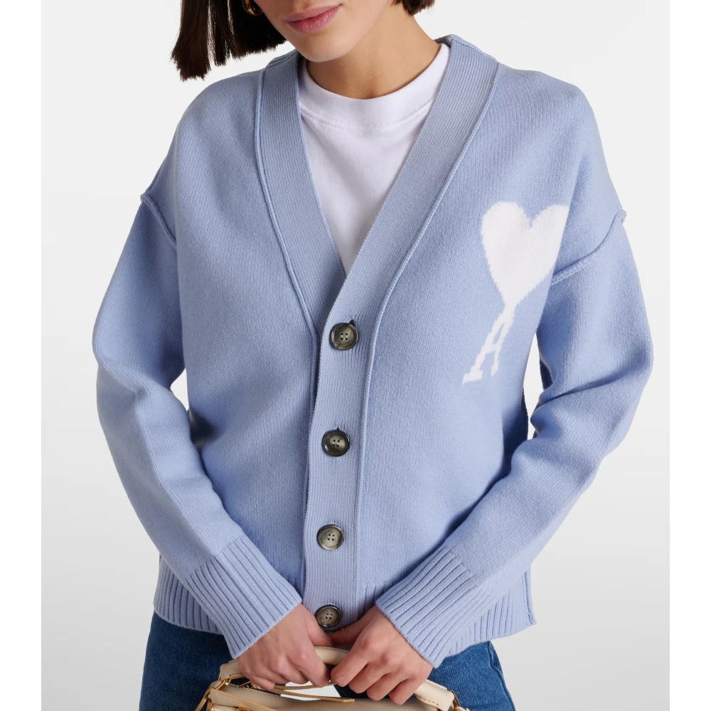 Ami Paris Blauwe Cashmere Logo Cardigan Oversize Blue Heren