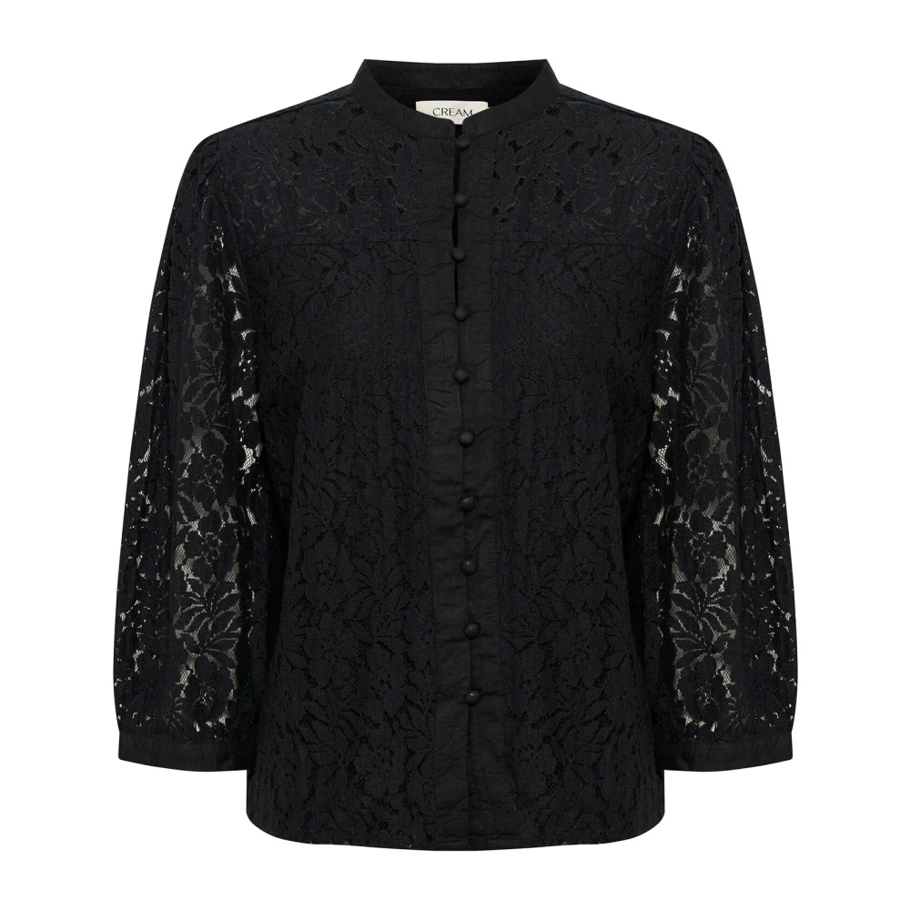 Cream Women's Black Blouses,, Elegant Lace Shirt With Puff Sleeves Extra Large