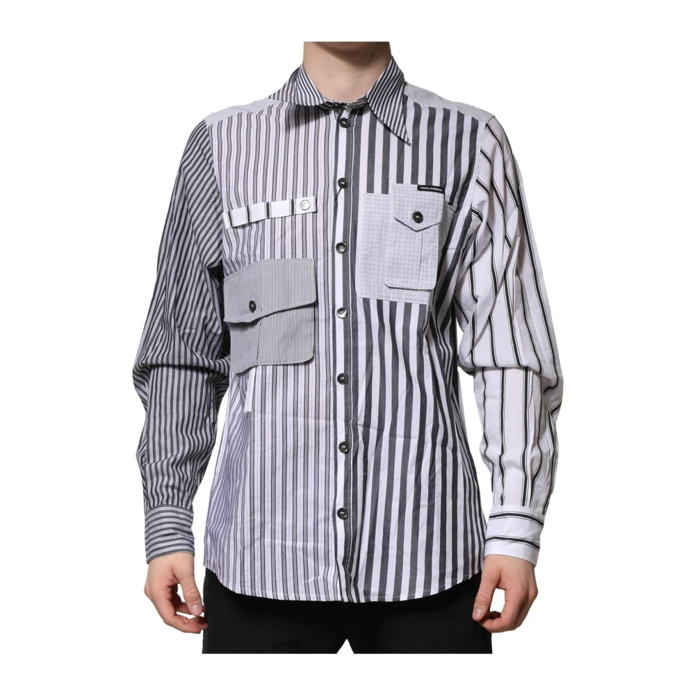 Dolce & Gabbana Men's White Striped Patchwork Multipocket Casual Shirt
