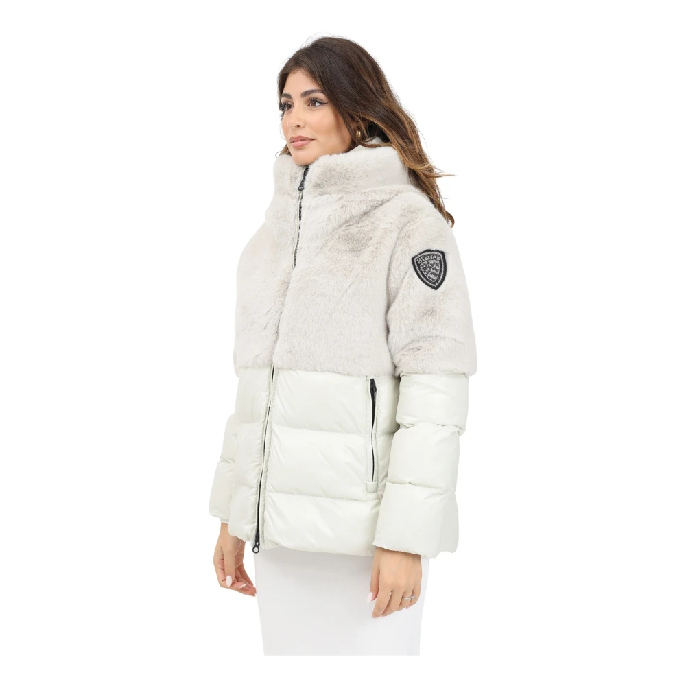Blauer Witte Gewatteerde Jas met Nepbont White Dames