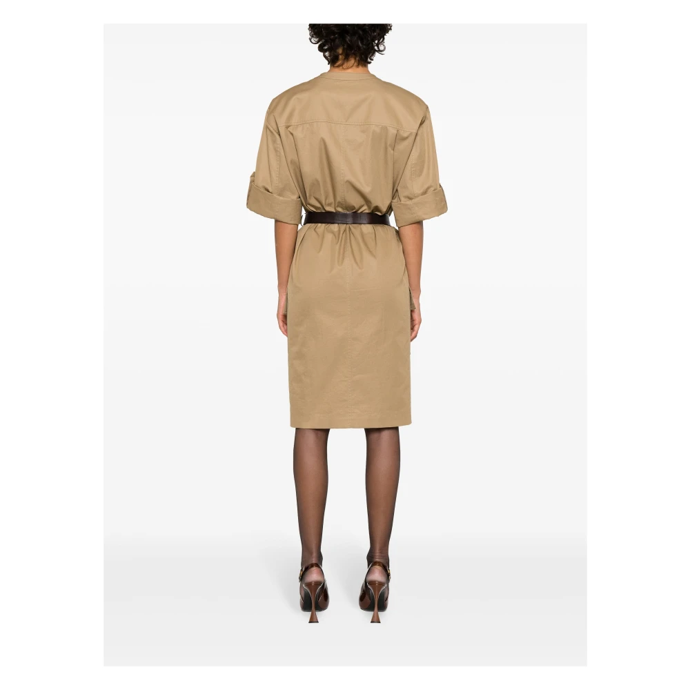 Saint Laurent Belted Cotton Twill Dress Beige Dames