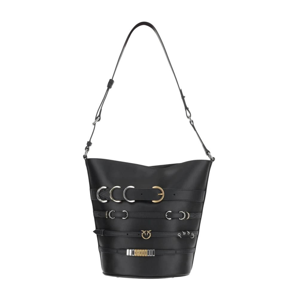 pinko Leren schoudertas met gespdetail Black Dames
