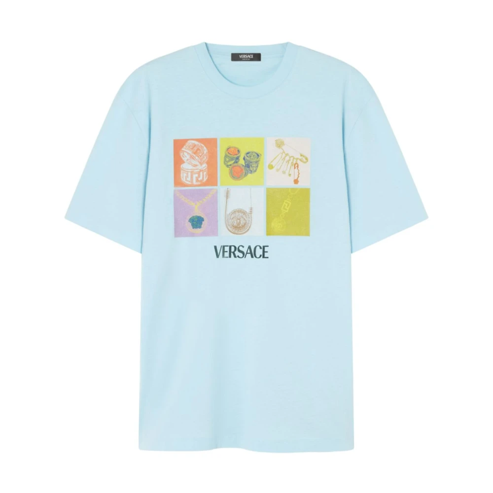 Versace Blauwe Logo Print Crew Neck T-shirts Blue Heren