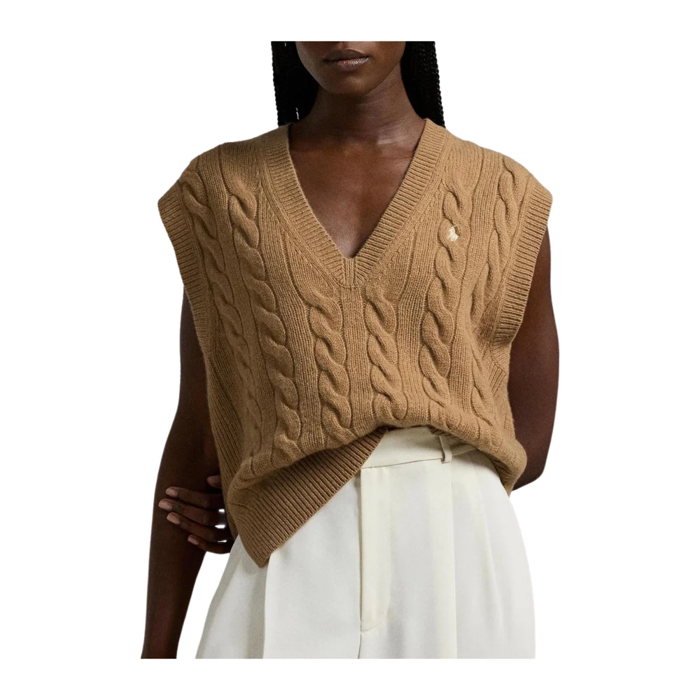 Ralph Lauren Punto Polo slv vn po-sleeveless-pullover 211949994001 collection camel Brown Dames
