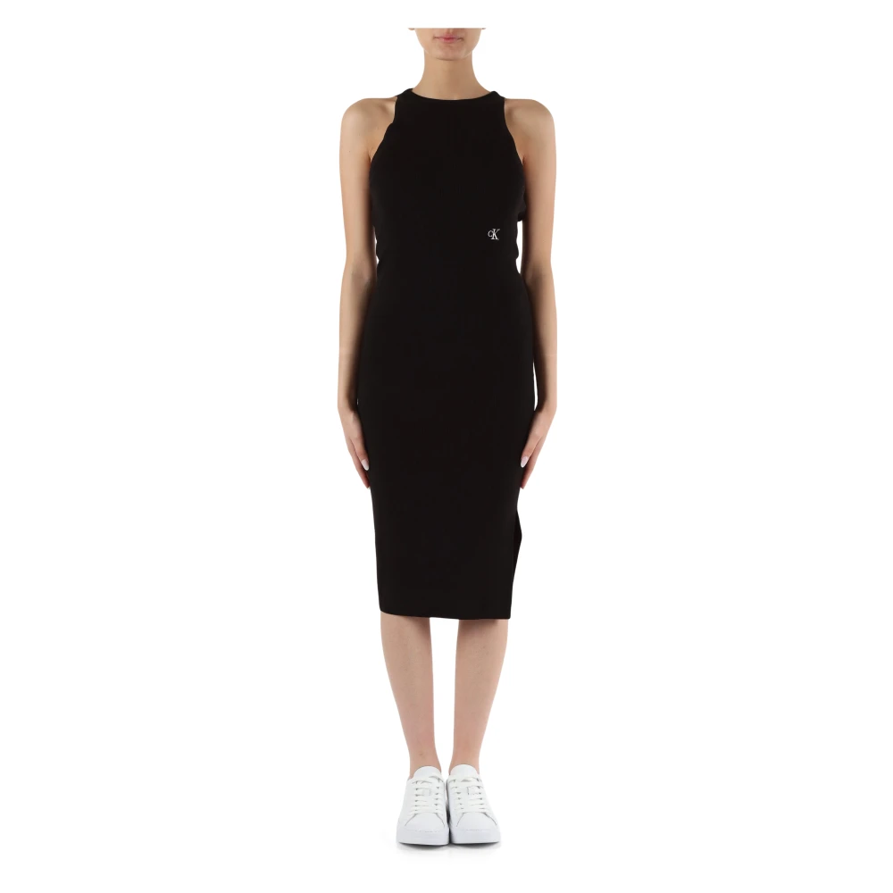 Calvin Klein Jeans Geribbelde midi jurk met logo borduurwerk Black Dames