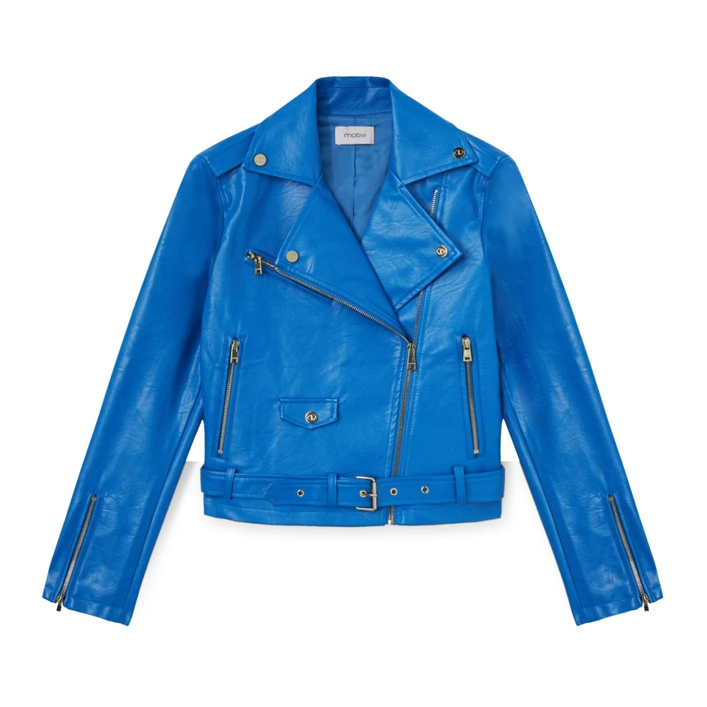 Motivi Faux Leather Biker Jacket Blue, Dam