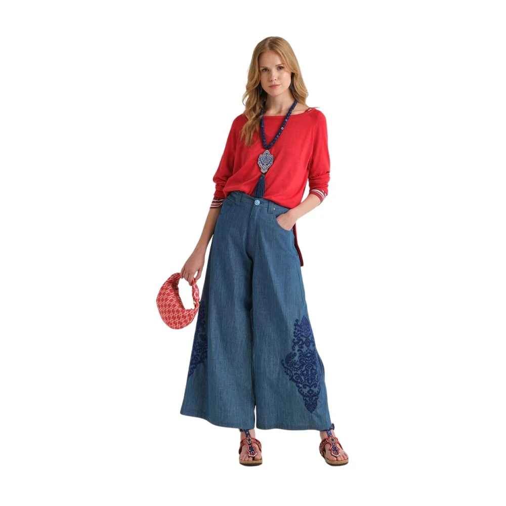 Maliparmi Women's Blue Wide Jeans, S, Ikat On Chambray Trousers