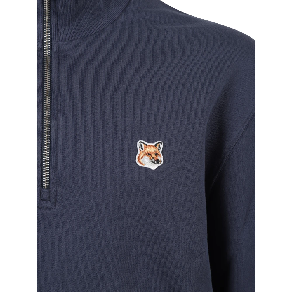 Maison Kitsuné Fox Head Patch Half Zip Sweater Blue Heren