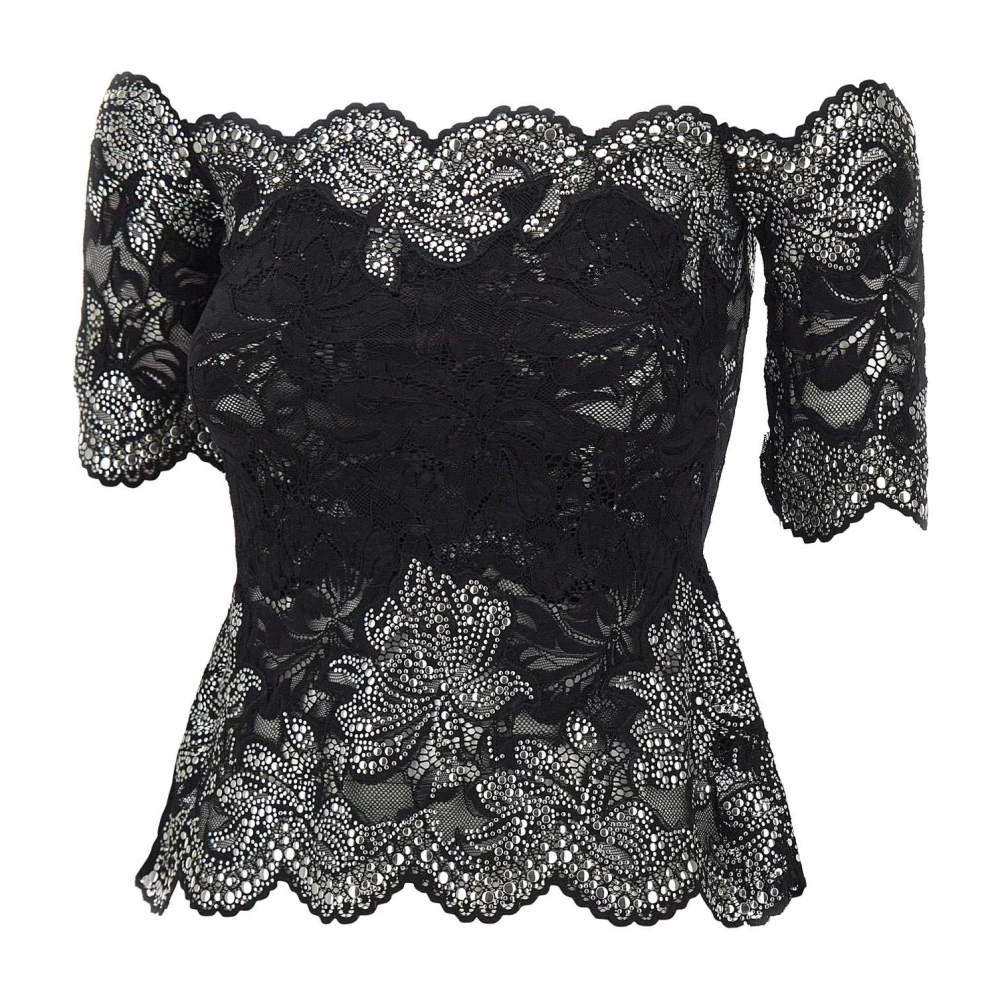 Rabanne Women's Black Blouses, Xs, Off-The-Shoulder Short Sleeve Lace Top