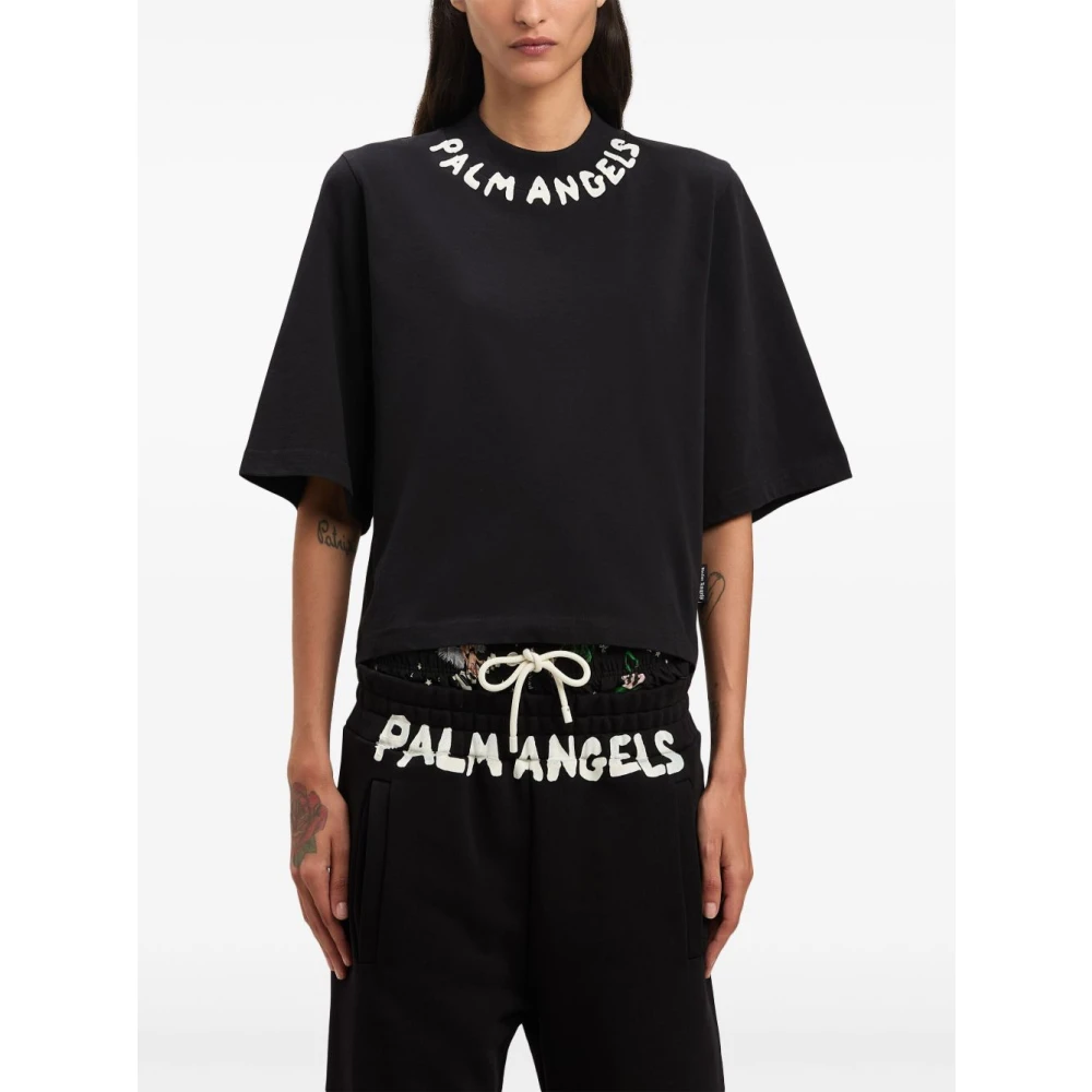 Palm Angels Zwart Logo Print Crew Neck T-shirt Black Dames
