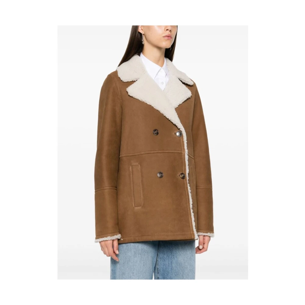 Yves Salomon Shearling Trim Double-Breasted Outerwear Brown Dames