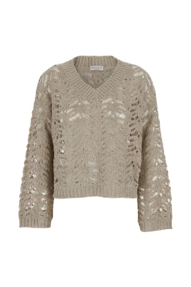 Beige V-ringad Tröja med Perforerade Detaljer
