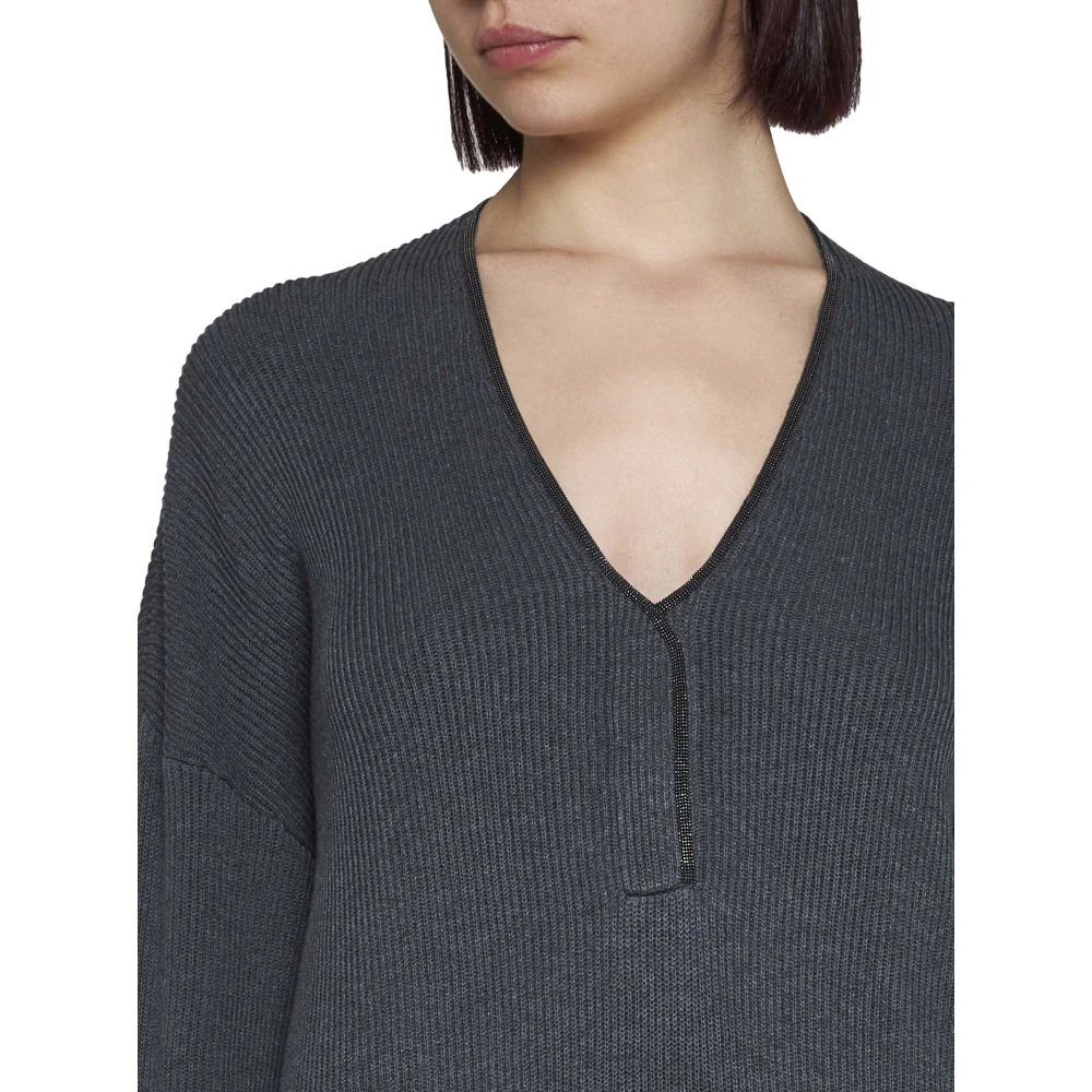 BRUNELLO CUCINELLI Grijze Trui V-Hals Stijl Gray Dames