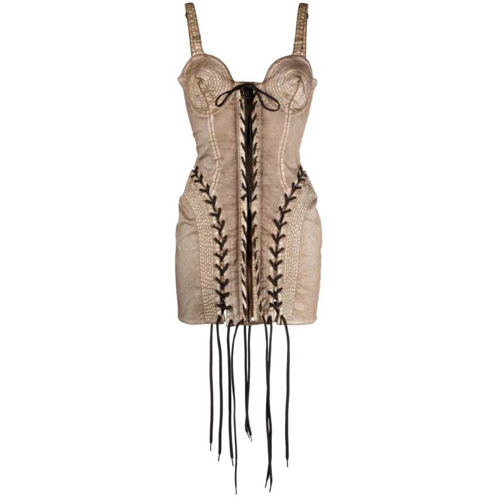 Jean Paul Gaultier Mouwloze conische kanten jurk met merkpatch Brown Dames