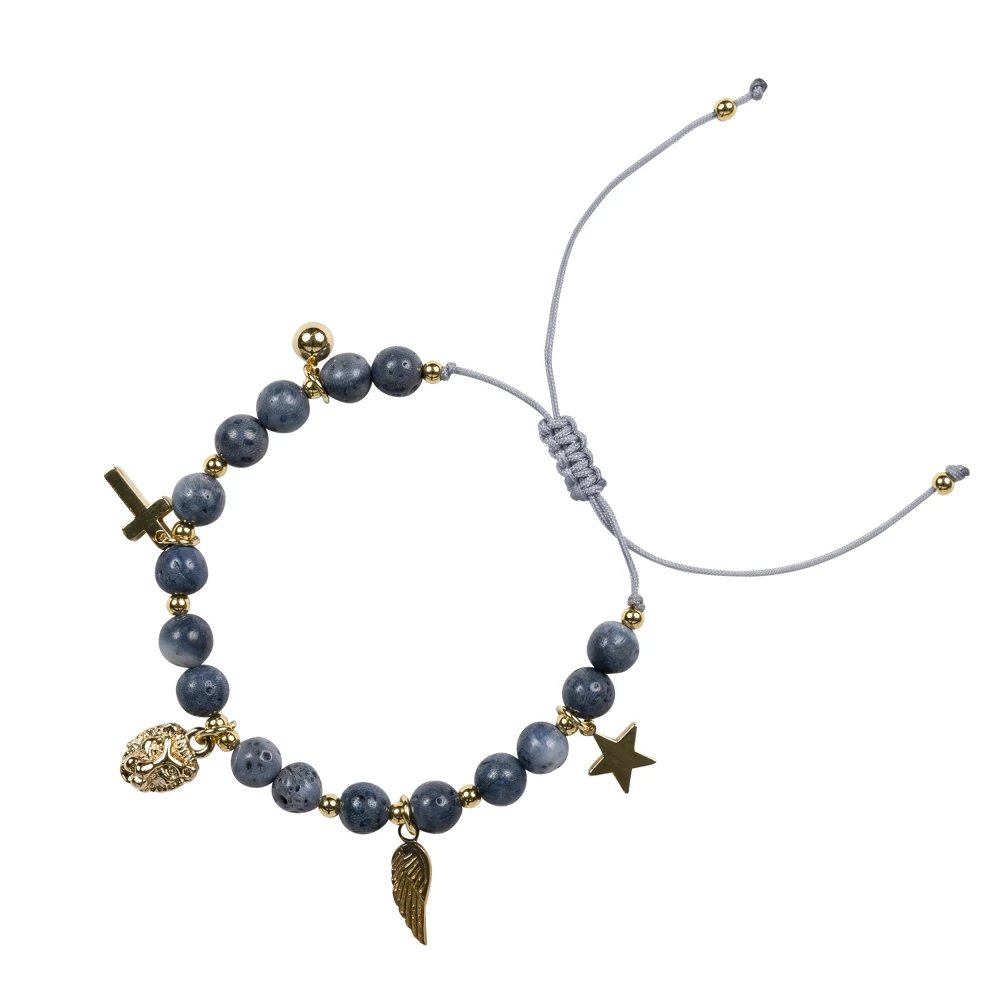 Stone Bead Bracelet 6 MM W/Charms - Steel Blue