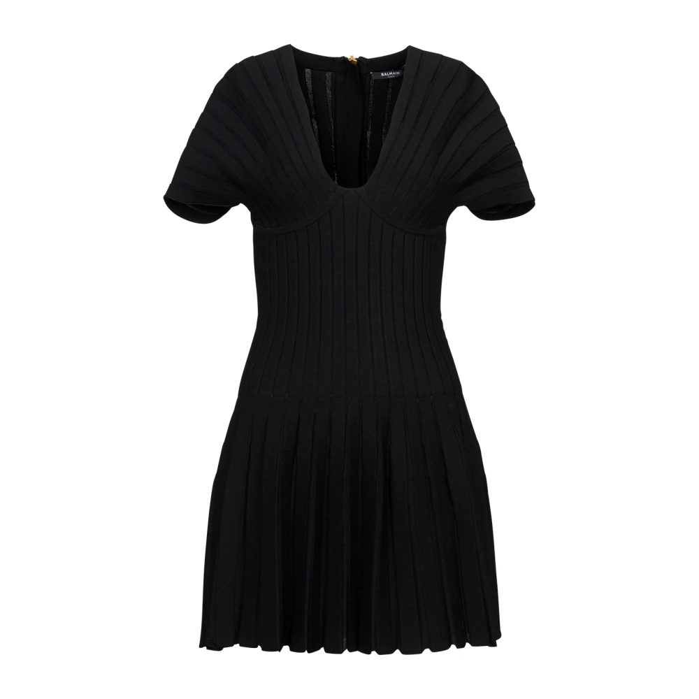 Balmain Korte Geplooide Gebreide Jurk Black Dames