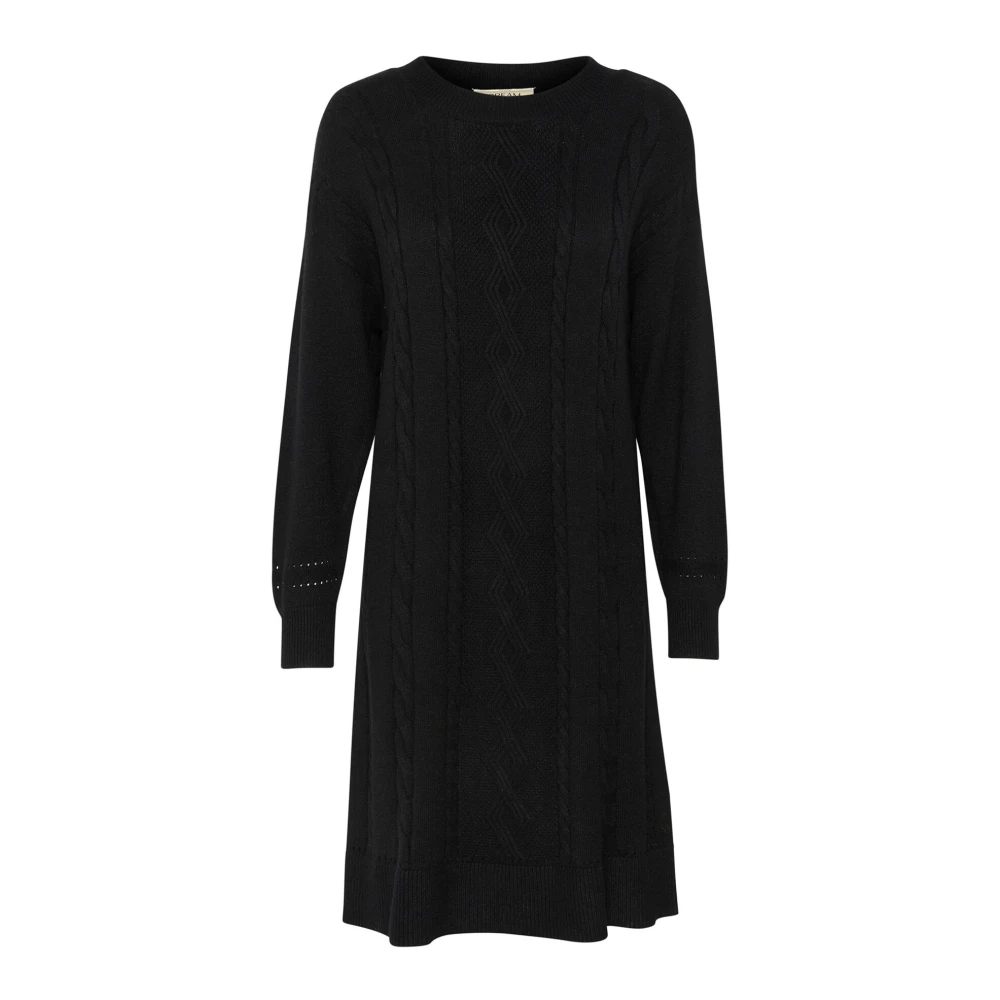 Cream Zwarte Gebreide Jurk met Pofmouwen Black Dames